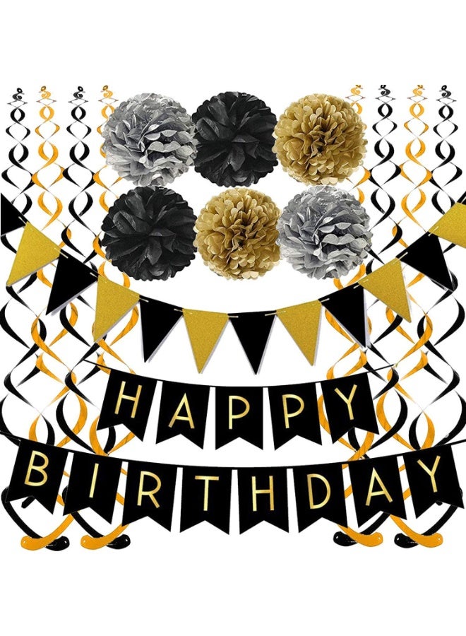 Mordely Black Happy Birthday Banner with Black Gold Paper Flag Bunting Paper Swirl Streamers Pom Poms for Decorations - Image 1